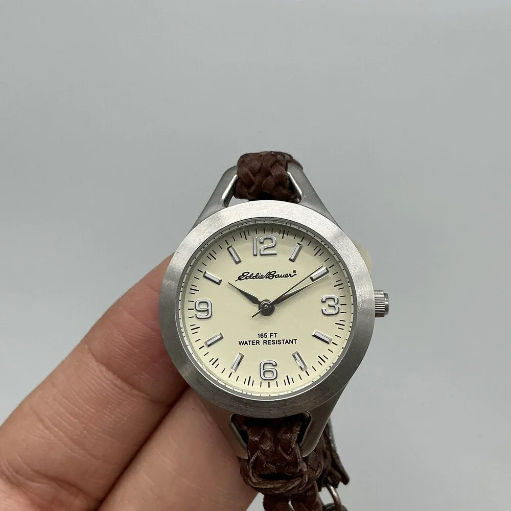 Eddie Bauer Womens Watch 27mm Cream Dial Brown Braided Leather New Battery 6.75
